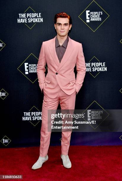 Pictured: KJ Apa arrives to the 2019 E! People's Choice Awards held at the Barker Hangar on November 10, 2019 -- NUP_188989