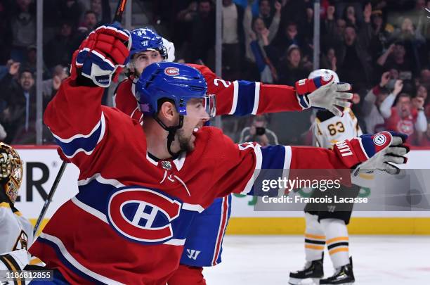 Tomas Tatar of the Montreal Canadiens celebrates after scoring a goal against the Boston Bruins in the NHL game at the Bell Centre on November 5,...