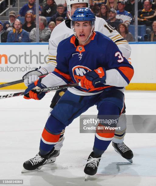 Cole Bardreau of the New York Islanders skates during an NHL game against the Buffalo Sabres on November 2, 2019 at KeyBank Center in Buffalo, New...