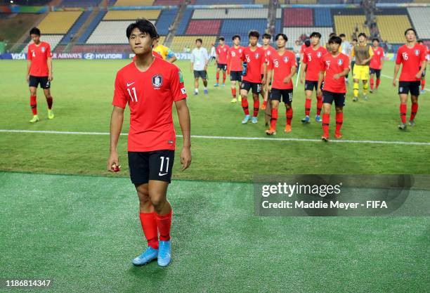 Sangbin Jeong of Korea Republic is disappointed after the loss during the quarterfinal match between Korea Republic and Mexico in the FIFA U-17 World...