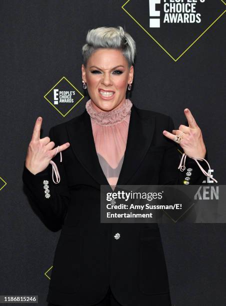 Pictured: Pink arrives to the 2019 E! People's Choice Awards held at the Barker Hangar on November 10, 2019 -- NUP_188989