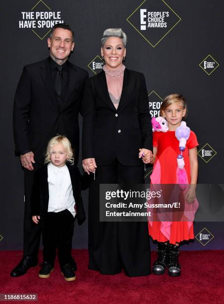 Pictured: Carey Hart, Pink, Jameson Hart, and Willow Hart arrive to the 2019 E! People's Choice Awards held at the Barker Hangar on November 10, 2019...