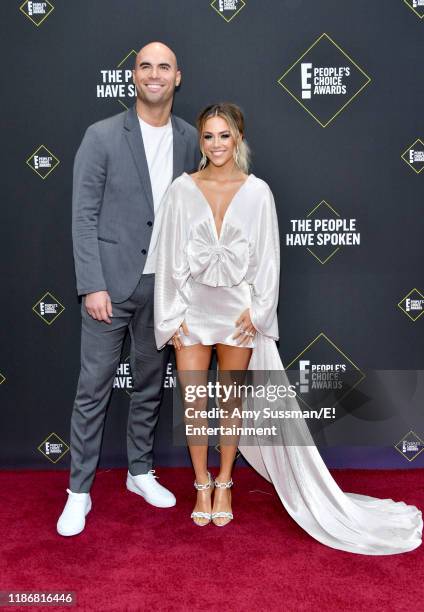 Pictured: Mike Caussin and Jana Kramer arrive to the 2019 E! People's Choice Awards held at the Barker Hangar on November 10, 2019 -- NUP_188989