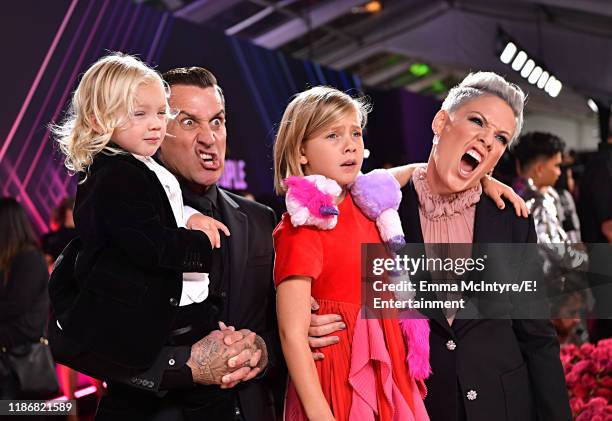 Pictured: Jameson Hart, Carey Hart, Willow Sage Hart and Pink arrive to the 2019 E! People's Choice Awards held at the Barker Hangar on November 10,...