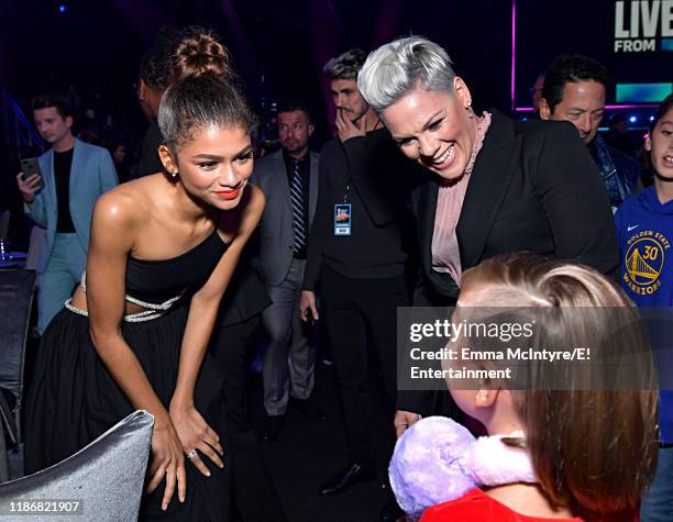 Pictured: Zendaya, Pink and Willow Sage Hart attend the 2019 E! People's Choice Awards held at the Barker Hangar on November 10, 2019 -- NUP_188995