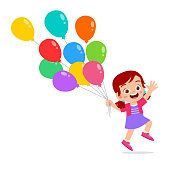 happy cute kid girl run holding balloon