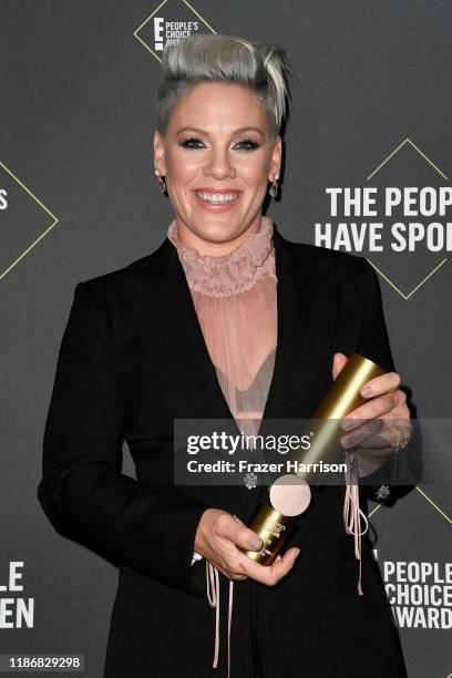 Nk, winner of People's Champion Award poses in the press room during the 2019 E! People's Choice Awards at Barker Hangar on November 10, 2019 in...