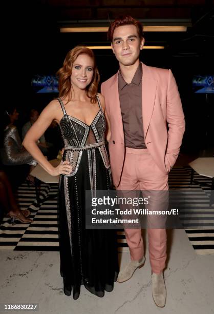 Pictured: Brittany Snow and KJ Apa pose backstage during the 2019 E! People's Choice Awards held at the Barker Hangar on November 10, 2019 --...