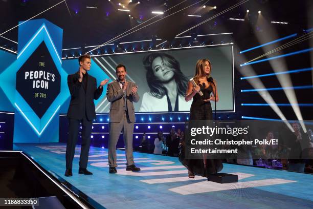 Pictured: Adam Sandler and Jennifer Aniston, winner of the People's Icon award on stage during the 2019 E! People's Choice Awards held at the Barker...