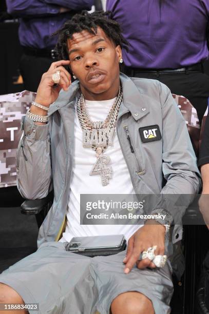 Rapper Lil Baby attends a basketball game between the Los Angeles Lakers and the Toronto Raptors at Staples Center on November 10, 2019 in Los...
