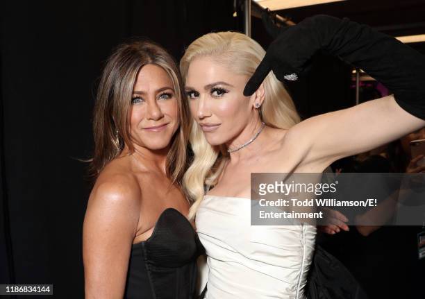 Pictured: Jennifer Aniston and Gwen Stefani pose backstage during the 2019 E! People's Choice Awards held at the Barker Hangar on November 10, 2019...
