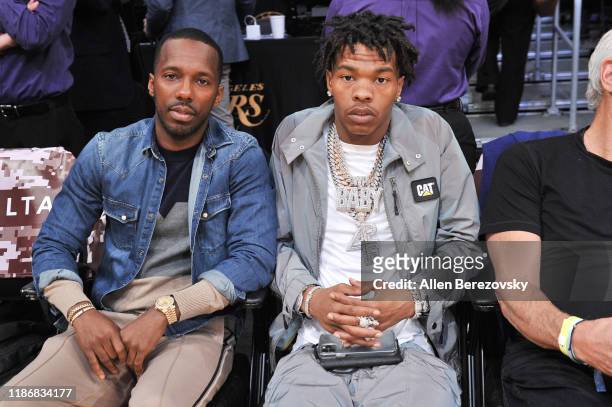 Rich Paul and Lil Baby attend a basketball game between the Los Angeles Lakers and the Toronto Raptors at Staples Center on November 10, 2019 in Los...