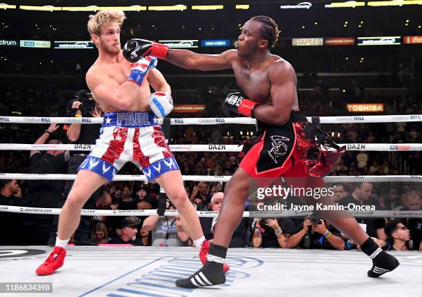 Logan Paul and KSI exchange punches their pro debut cruiserweight fight at Staples Center on November 9, 2019 in Los Angeles, California. KSI won by...