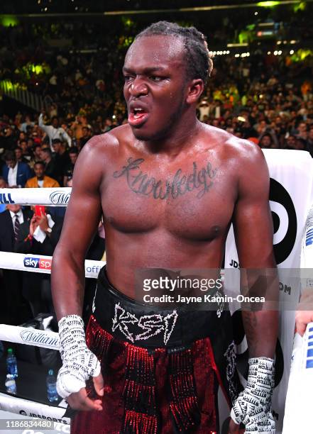 In the ring during his pro debut Cruiserweight fight against Logan Paul at Staples Center on November 9, 2019 in Los Angeles, California. KSI won by...