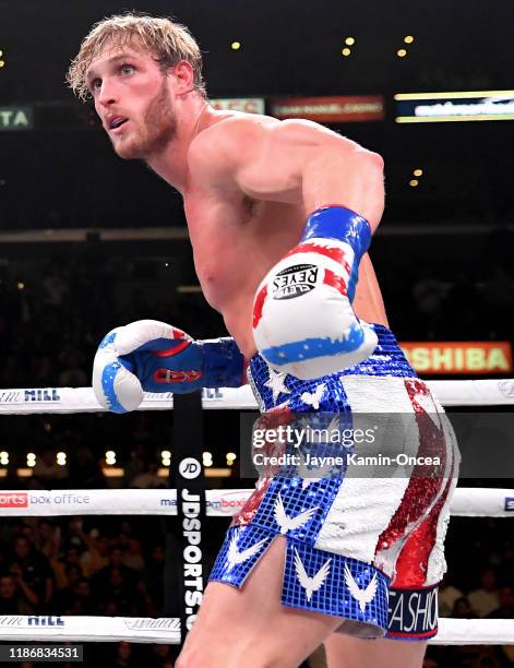 Logan Paul in the ring during his pro debut Cruiserweight fight against KSI at Staples Center on November 9, 2019 in Los Angeles, California. KSI won...