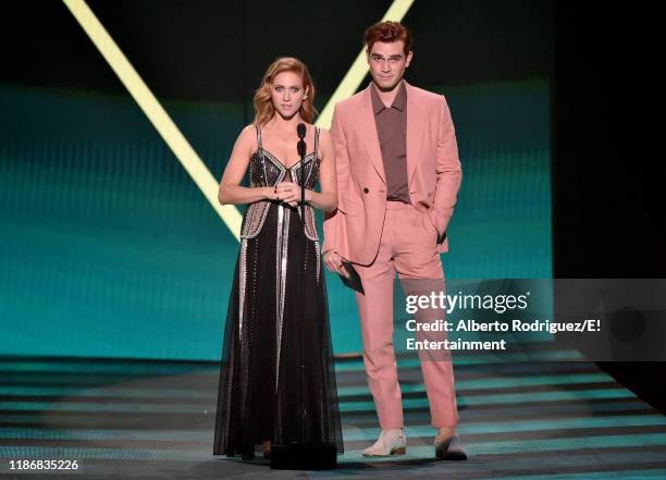 Pictured: Brittany Snow and KJ Apa speak on stage during the 2019 E! People's Choice Awards held at the Barker Hangar on November 10, 2019 --...