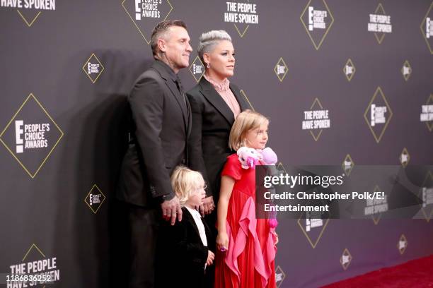 Pictured: Carey Hart, Jameson Moon Hart, P!nk and Willow Sage Hart arrive to the 2019 E! People's Choice Awards held at the Barker Hangar on November...