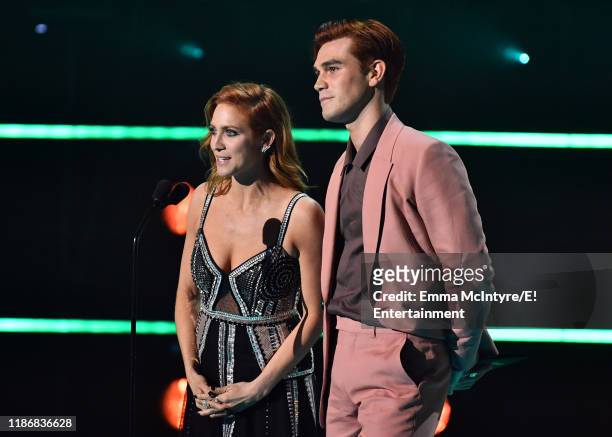 Pictured: Brittany Snow and KJ Apa on stage during the 2019 E! People's Choice Awards held at the Barker Hangar on November 10, 2019 -- NUP_188995