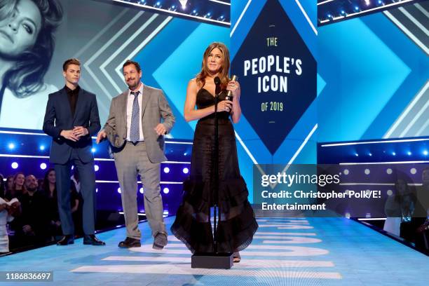 Pictured: Adam Sandler and Jennifer Aniston, winner of the People's Icon award on stage during the 2019 E! People's Choice Awards held at the Barker...