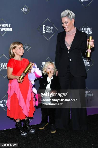 Pictured: Willow Hart, Jameson Hart and Pink, winner of People's Champion Award of 2019 award, pose in the press room during the 2019 E! People's...