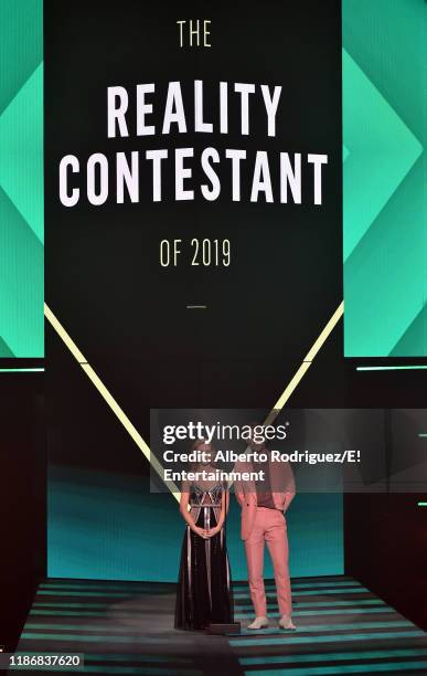 Pictured: Brittany Snow and KJ Apa speak on stage during the 2019 E! People's Choice Awards held at the Barker Hangar on November 10, 2019 --...