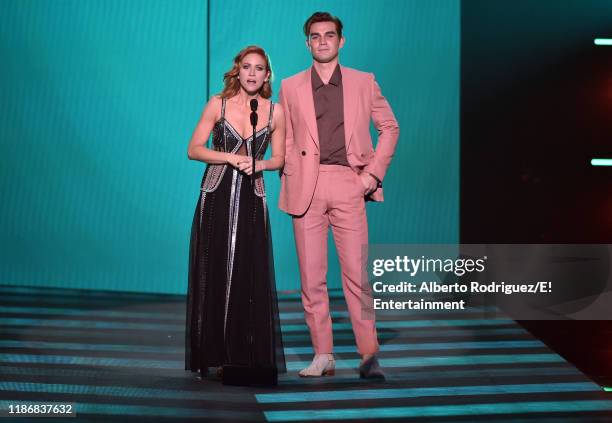 Pictured: Brittany Snow and KJ Apa speak on stage during the 2019 E! People's Choice Awards held at the Barker Hangar on November 10, 2019 --...