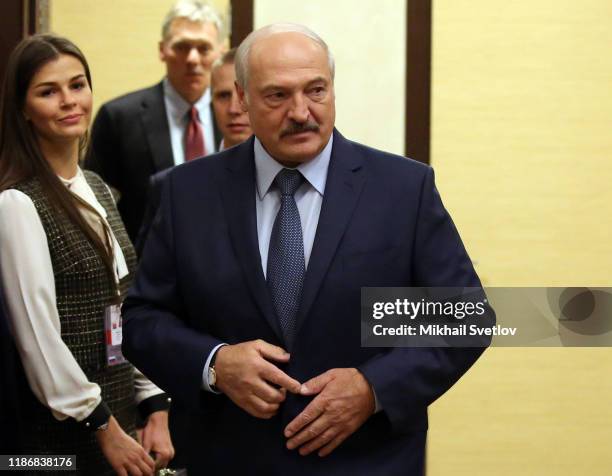 Belarussian President Alexander Lukashenko enters the hall during Russian-Belarussian talks at Bocharov Ruchey Presidential Residence in Sochi,...