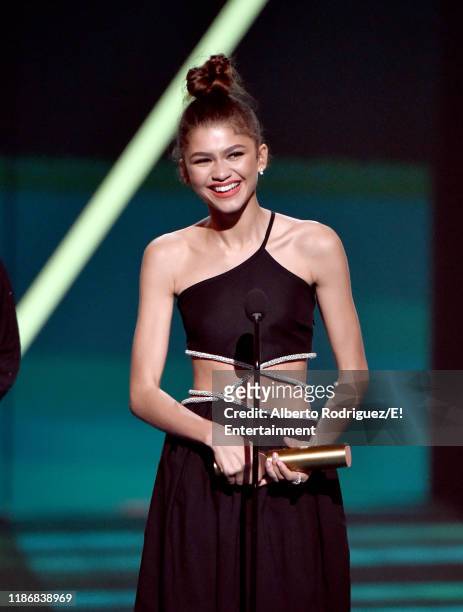 Pictured: Zendaya accepts the The Drama TV Star of 2019 award for "Euphoria" on stage during the 2019 E! People's Choice Awards held at the Barker...