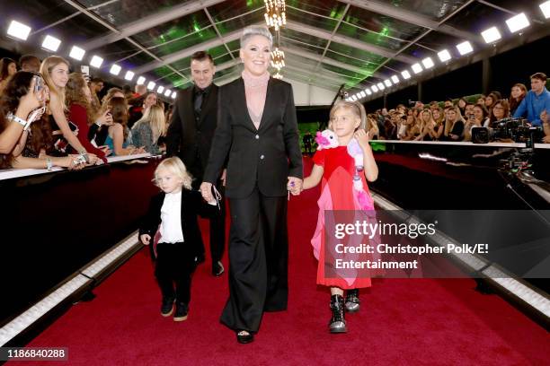 Pictured: Jameson Moon Hart, P!nk and Willow Sage Hart arrive to the 2019 E! People's Choice Awards held at the Barker Hangar on November 10, 2019....