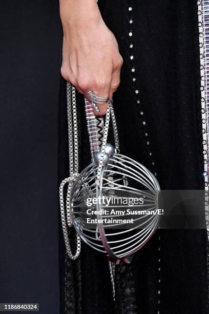 Pictured: Brittany Snow, purse detail, arrives to the 2019 E! People's Choice Awards held at the Barker Hangar on November 10, 2019 -- NUP_188989