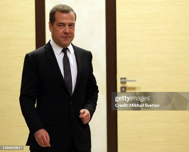 Russian Prime Minister Dmitry Medvedev enters the hall during Russian-Belarussian talks at Bocharov Ruchey Presidential Residence on December 7, 2019...