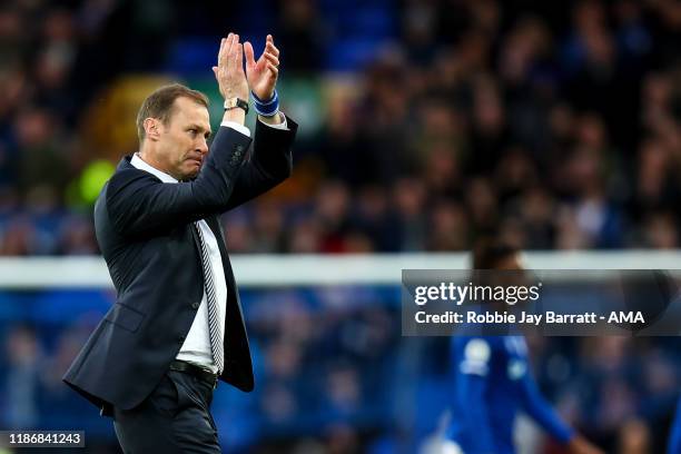 Duncan Ferguson the interim head coach / manager of Everton celebrates at full time during the Premier League match between Everton FC and Chelsea FC...