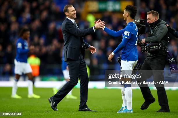 Duncan Ferguson the interim head coach / manager of Everton celebrates at full time during the Premier League match between Everton FC and Chelsea FC...