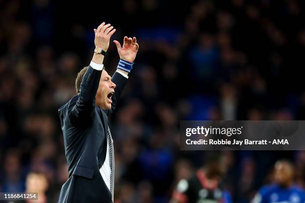 Duncan Ferguson the interim head coach / manager of Everton celebrates at full time during the Premier League match between Everton FC and Chelsea FC...