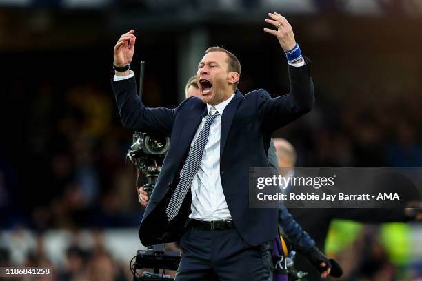 Duncan Ferguson the interim head coach / manager of Everton celebrates at full time during the Premier League match between Everton FC and Chelsea FC...