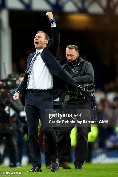 Duncan Ferguson the interim head coach / manager of Everton celebrates at full time during the Premier League match between Everton FC and Chelsea FC...