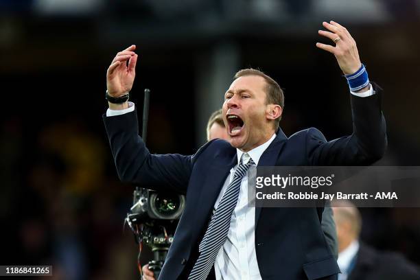 Duncan Ferguson the interim head coach / manager of Everton celebrates at full time during the Premier League match between Everton FC and Chelsea FC...