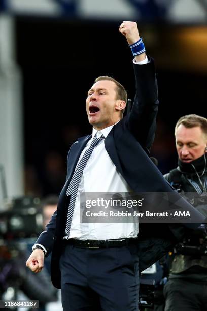 Duncan Ferguson the interim head coach / manager of Everton celebrates at full time during the Premier League match between Everton FC and Chelsea FC...