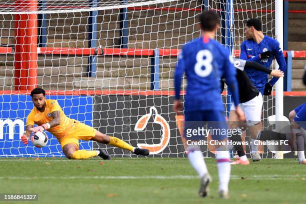 Nicholas Tie of Chelsea makes a save during the Chelsea FC U23 v Derby County U23 Premier League 2 match at EBB Stadium on December 7, 2019 in...