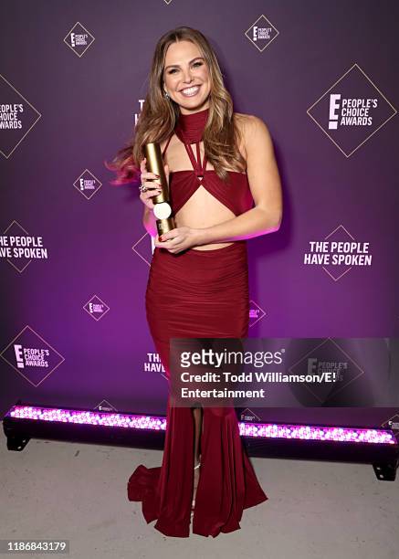 Pictured: Hannah Brown, winner of The Competition Contestant of 2019 award poses backstage during the 2019 E! People's Choice Awards held at the...