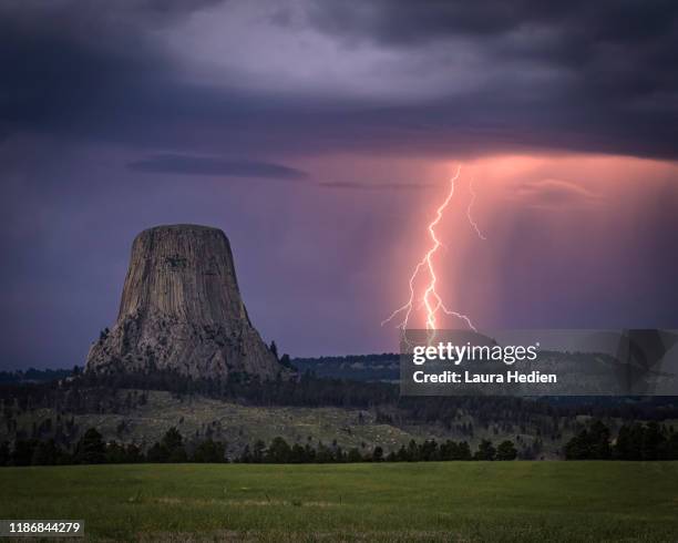 lightning over devils tower - devils tower stock pictures, royalty-free photos & images