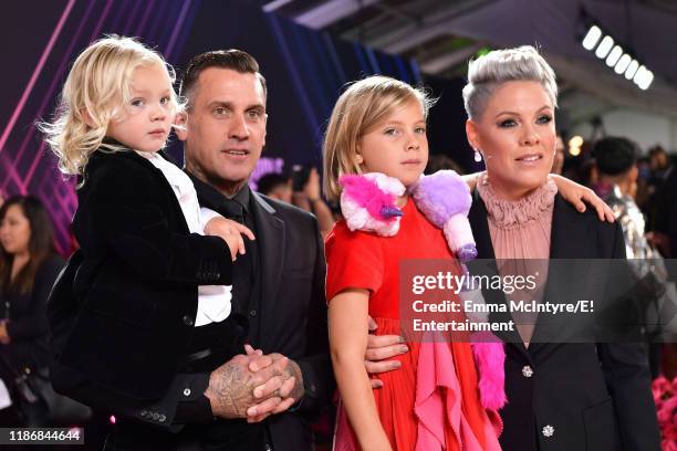 Pictured: Carey Hart, Pink, Jameson Hart, and Willow Hart arrive to the 2019 E! People's Choice Awards held at the Barker Hangar on November 10,...