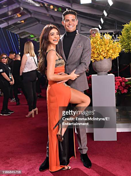Pictured: Sarah Hyland and Wells Adams arrive to the 2019 E! People's Choice Awards held at the Barker Hangar on November 10, 2019. -- NUP_188994