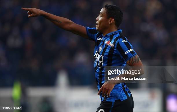 Luis Muriel of Atalanta BC celebrates his goal during the Serie A match between Atalanta BC and Hellas Verona at Gewiss Stadium on December 7, 2019...