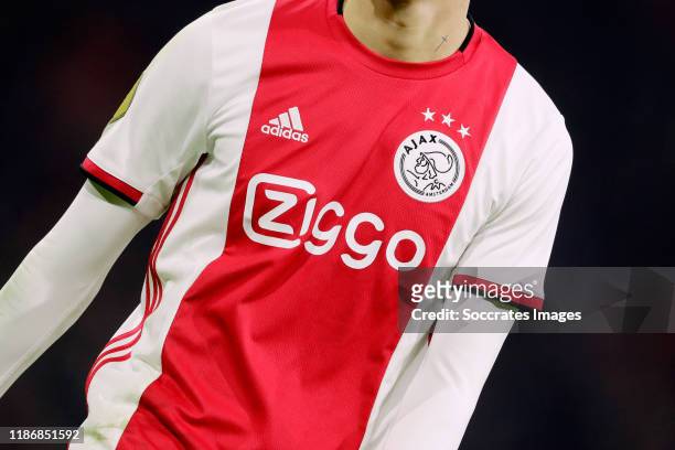 Ajax Shirt logo Ziggo during the Dutch Eredivisie match between Ajax v Willem II at the Johan Cruijff Arena on December 6, 2019 in Amsterdam...