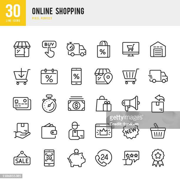 online shopping - dünner linearer vektorsymbolsatz. pixel perfekt. das set enthält symbole wie shopping, e-commerce, store, discount, warenkorb, lieferung, brieftasche, kurier und so weiter. - buying stock-grafiken, -clipart, -cartoons und -symbole