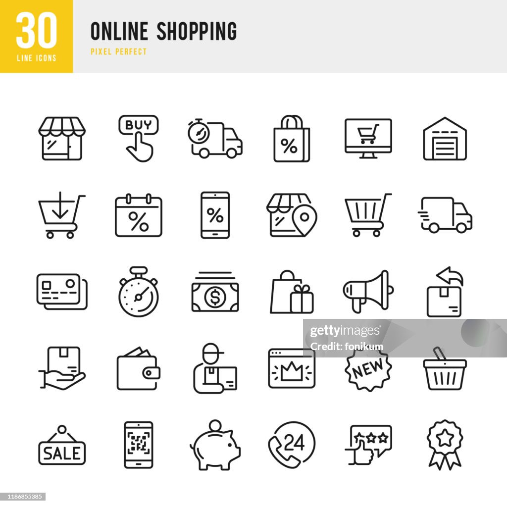 Online shopping-tunn linjär vektor Ikonuppsättning. Pixel perfekt. Setet innehåller ikoner som shopping, E-handel, butik, rabatt, varukorg, leverera, plånbok, kurir och så vidare.