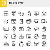 Online Shopping - thin linear vector icon set. Pixel perfect. The set contains icons such as Shopping, E-Commerce, Store, Discount, Shopping Cart, Delivering, Wallet, Courier and so on.