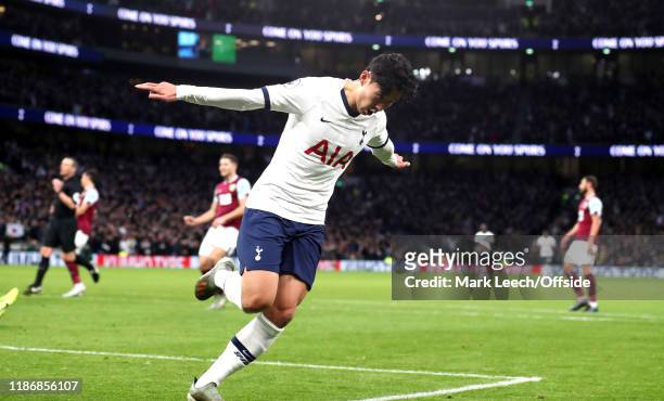 Heung-Min Son of Tottenham celebrates after scoring the third goal during the Premier League match between Tottenham Hotspur and Burnley FC at...