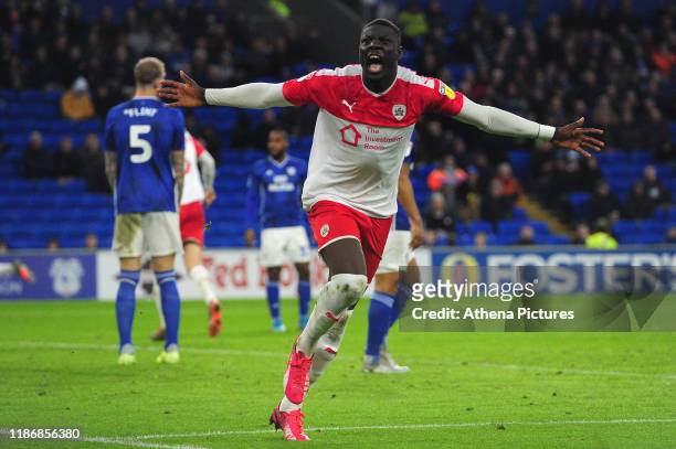 Bambo Diaby of Barnsley celebrates scoring his side's second goal during the Sky Bet Championship match between Cardiff City and Barnsley at the...